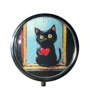 Black Cat with Red Heart pill box Jewelry case‎ New
